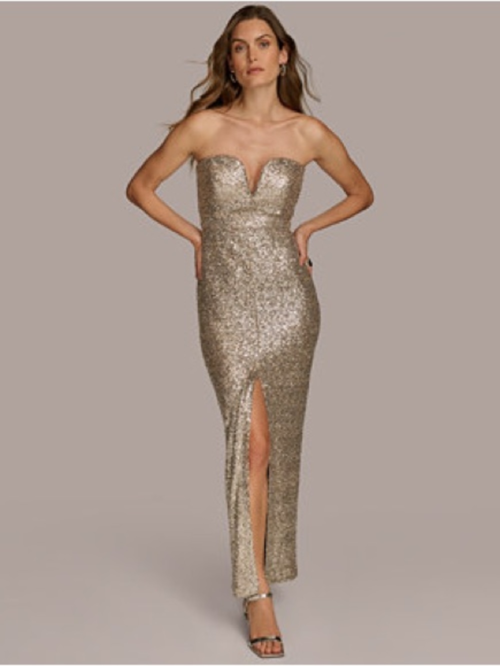 Donna Karan Silver Sequin Strapless Evening Gown Sz 8 NWT